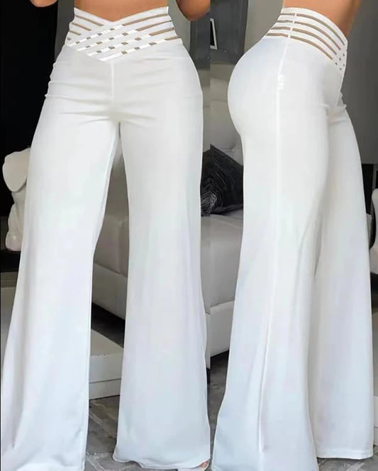 Women Flared Pants Elegant Office Lady Casual High Waist Trousers Spring Summer Solid Crisscross Sheer Mesh Patch Wide Leg Pant Badiee Stylez