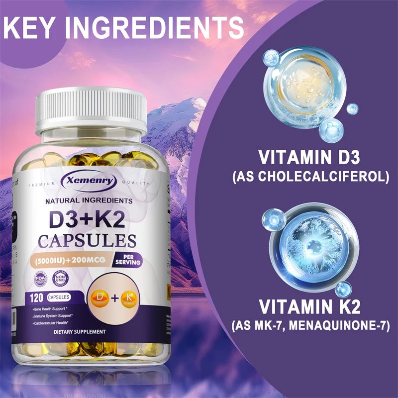 Vitamin D3 5000IU and 200 Mcg Vitamin K2 (MK-7) Capsules for Calcium Absorption, Bone Regeneration, Immune Support, Easy To Melt