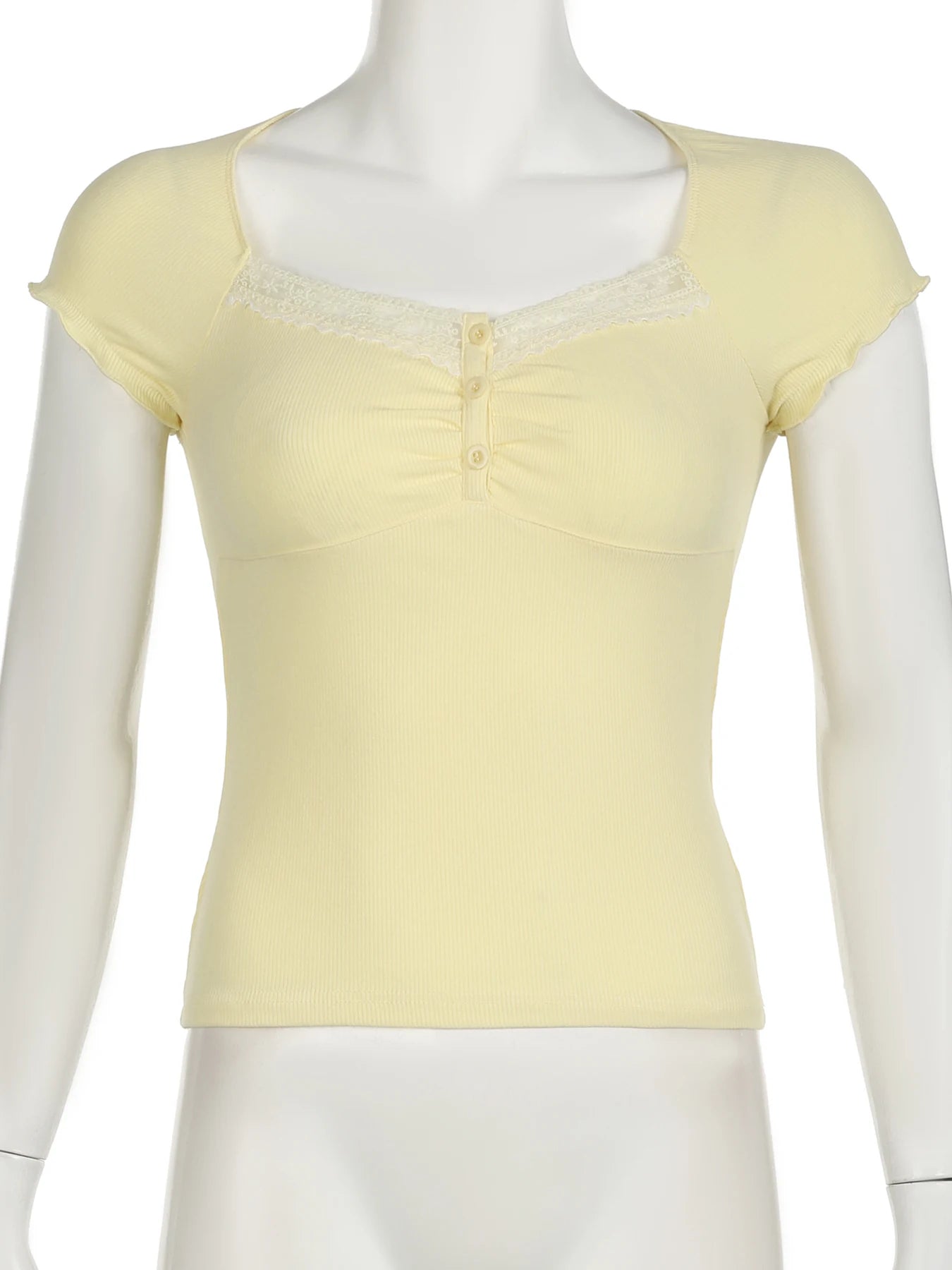 IAMSURE Sweet Solid Lace Trim T Shirt Casual Slim Square Collar Short Sleeve Tees Women 2024 Summer Fashion Streetwear Ladies