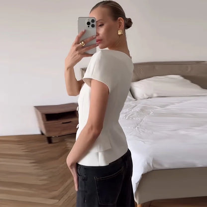 Elegant Short Sleeve Women's Top 2025 Summer Fashion V-neck Button Slim Office Lady Commuting Tops Street Solid Female Shirt