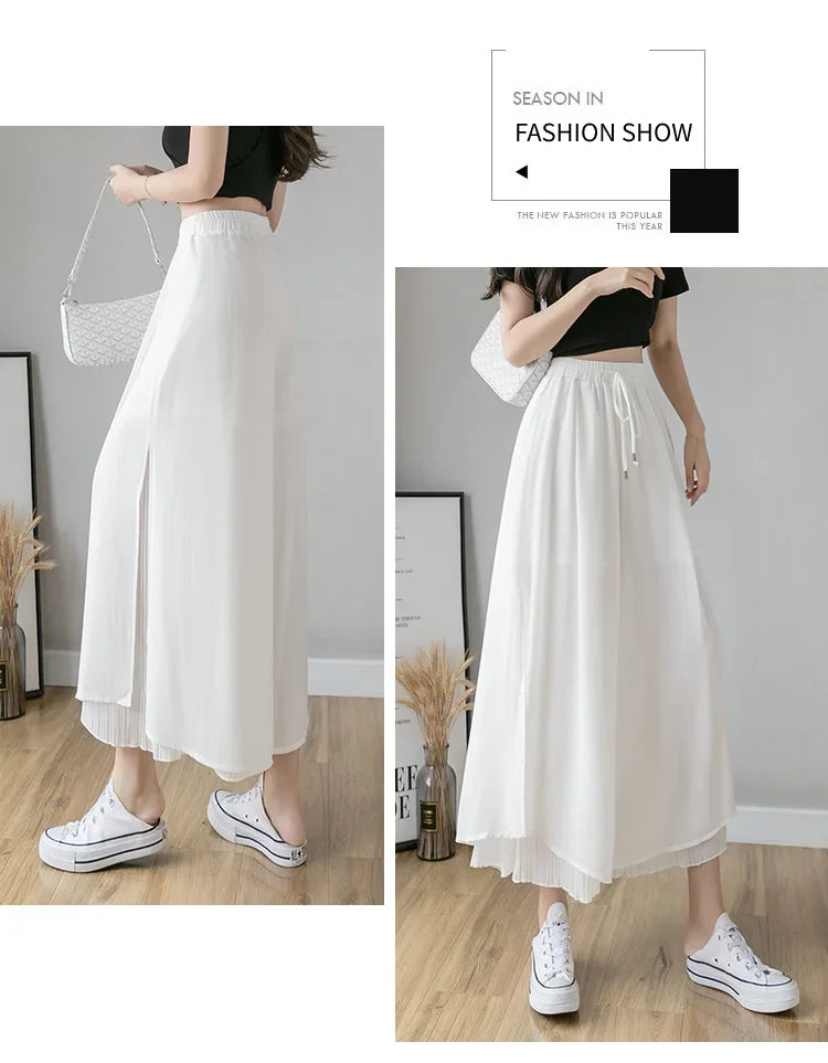 Women Pants Culottes Elastic Wide Leg Irregular Hem Double Layers Korean Trousers Summer Casual Loose Pleated Pants