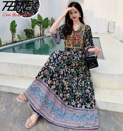 Indian Dress for Women Summer Embroidery Chic Elegant Party Dresses Clothes Vintage Long Maxi Prom Bohemian Beach Robe Vestidos Badiee Stylez