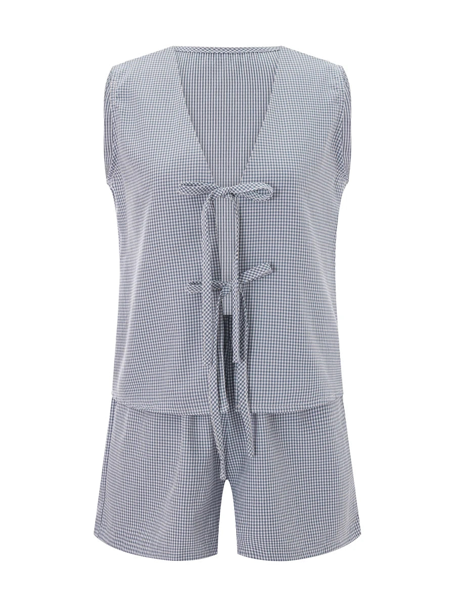 Women 2-Piece Shorts Set Plaid Print Lacing V-Neck Sleeveless Tank Tops Elastic Waistband Shorts Loungewear Outfits Light Blue