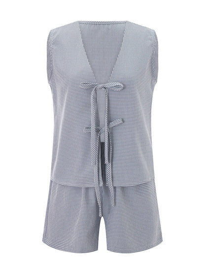 Women 2-Piece Shorts Set Plaid Print Lacing V-Neck Sleeveless Tank Tops Elastic Waistband Shorts Loungewear Outfits Light Blue