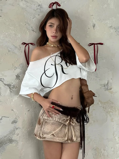 Nibber Loose Letter Print Mini t-Shirt Women Summer Trend Biased Collar Versatile Street Skinny Simple Classic Party Daily Tops