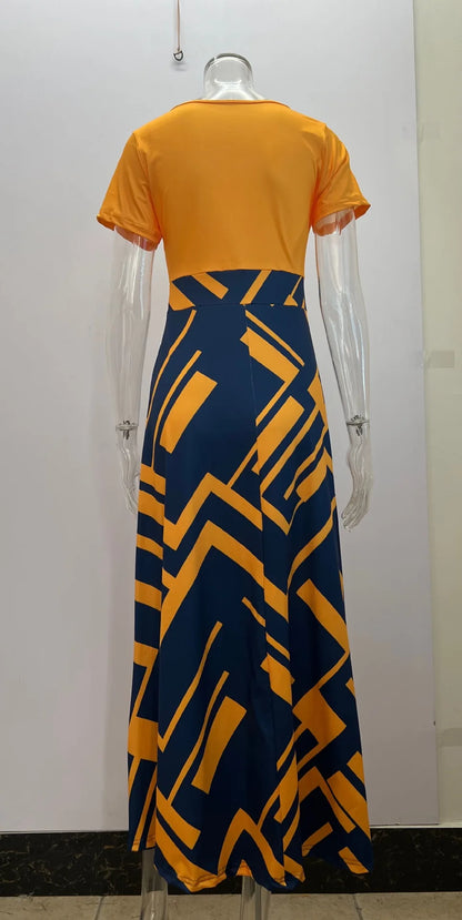 Plus Size European and American women's cross-border summer new casual printed patchwork short sleeved dresses