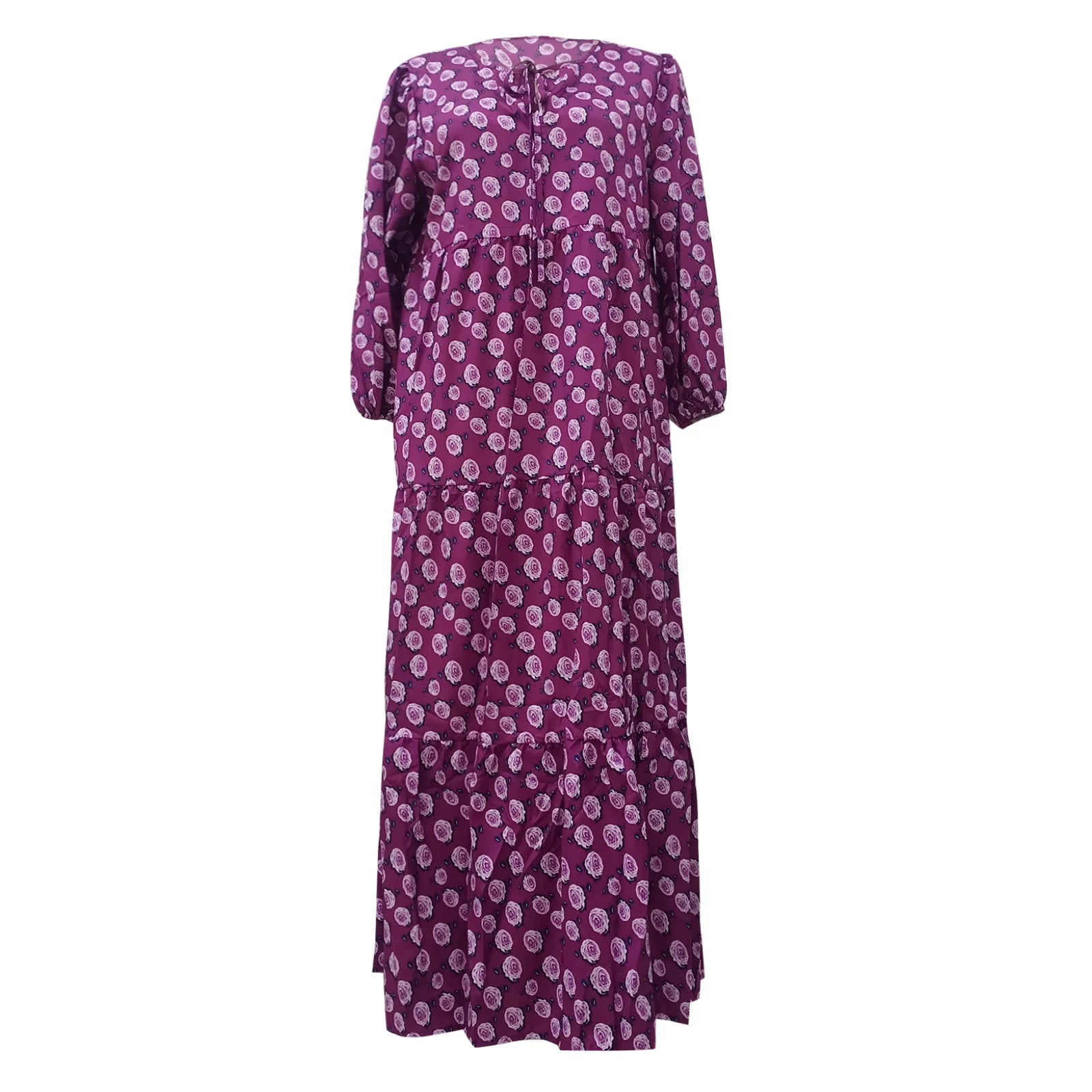 Puff Sleeve Boho Maxi Dress Elegant Women Summer 2022 Casual Floral Drawstring V-Neck Loose Holiday Beach Dresses Party Vestidos Badiee Stylez