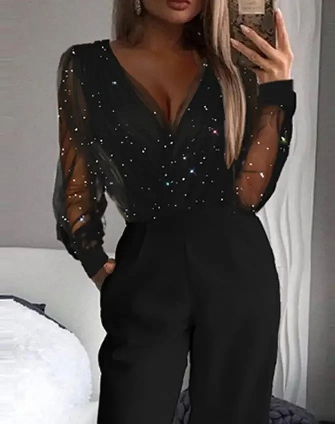Elegant Jumpsuit Women Spring Fashion Glitter Print Sexy V-Neck Long Sleeve Casual Contrast Mesh Pocket Straight Leg Jumpsuit Badiee Stylez