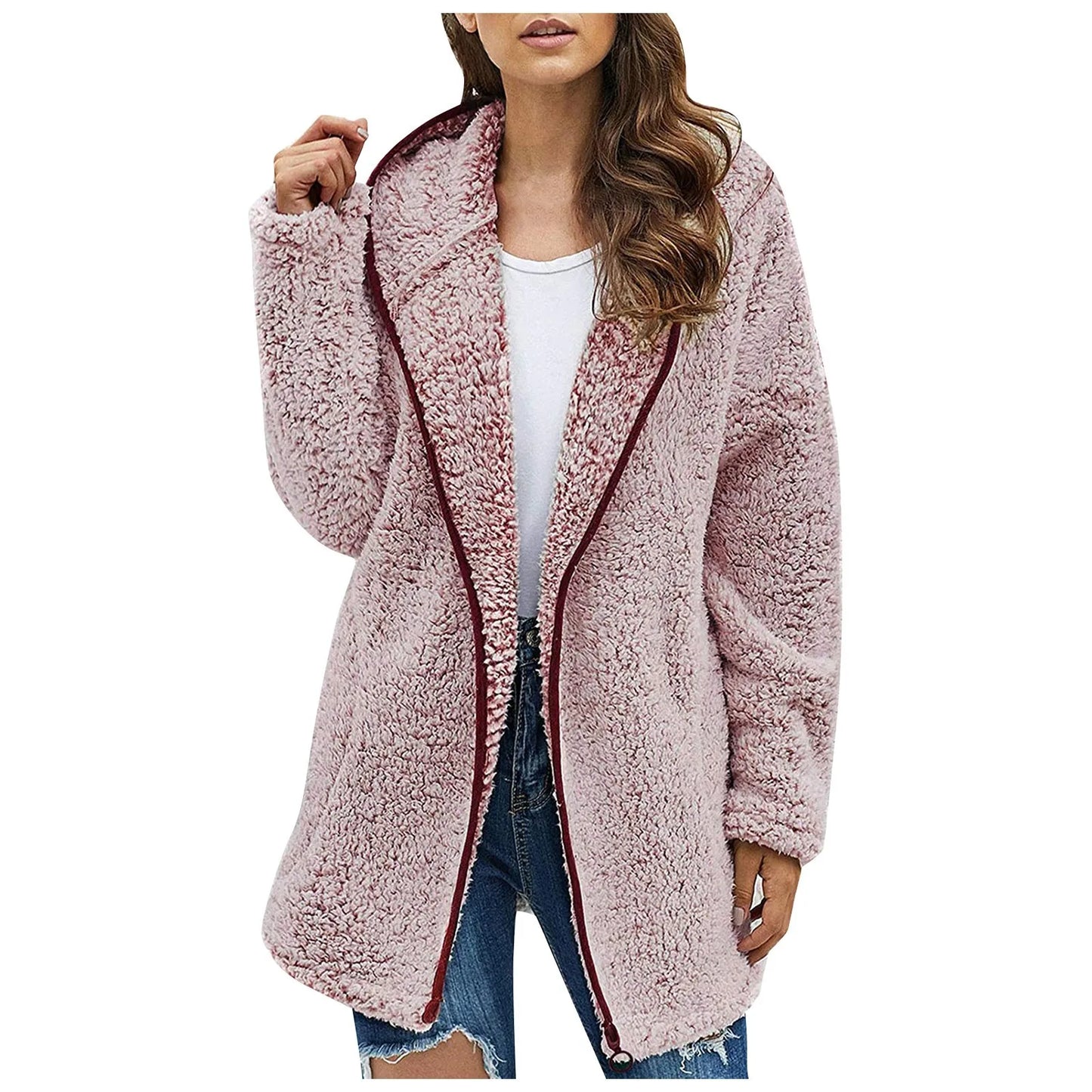 Autumn Winter Women Long Teddy Jacket Warm Thick Fleece Coat Turn Down Collar Plush Coat Woman Casual Long Sleeve Winter Clothes Pink