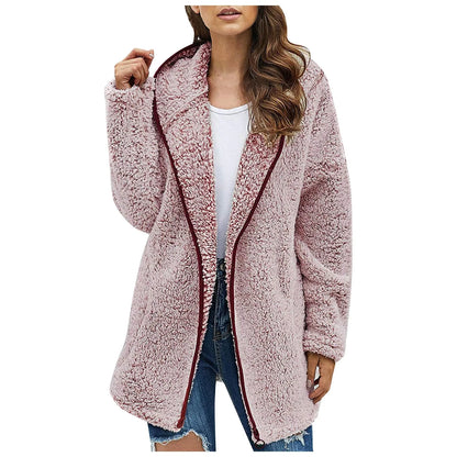 Autumn Winter Women Long Teddy Jacket Warm Thick Fleece Coat Turn Down Collar Plush Coat Woman Casual Long Sleeve Winter Clothes Pink
