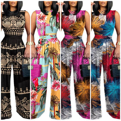 Elegant Women Wide Leg Long Juumpsuit 2024 Spring Summer Fashion Printed Sleeveless Casual Holiday Bodysuits Jumpsuits Trousers