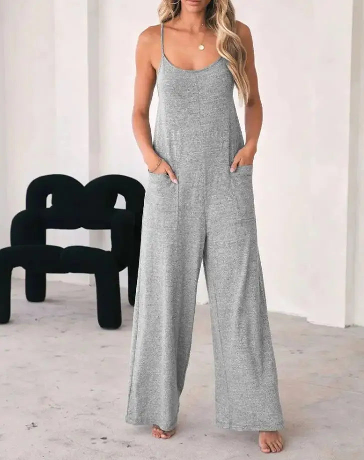 Jumpsuit For Women 2022 Fashion Grey Pocket Design Spaghetti Strap  Casual Home Daily Chic Loose Wide Leg Cami Jumpsuit Badiee Stylez
