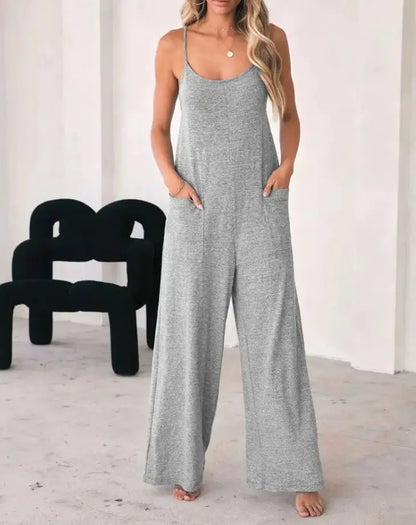 Jumpsuit For Women 2022 Fashion Grey Pocket Design Spaghetti Strap  Casual Home Daily Chic Loose Wide Leg Cami Jumpsuit Badiee Stylez