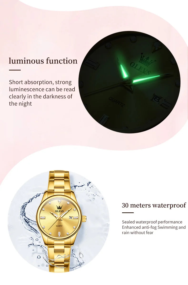 OLEVS Elegant Fashion Brand Women's Watches Gold Waterproof cCalendar Quartz Watch for Lady Stainless Steel Original Wristwatch