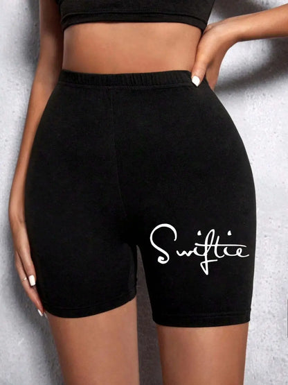 Trend Women Sports Shorts Simple White Line Letter Graphic Print Tight Shorts High Elastic Comfortable Soft Thin Female Clothes