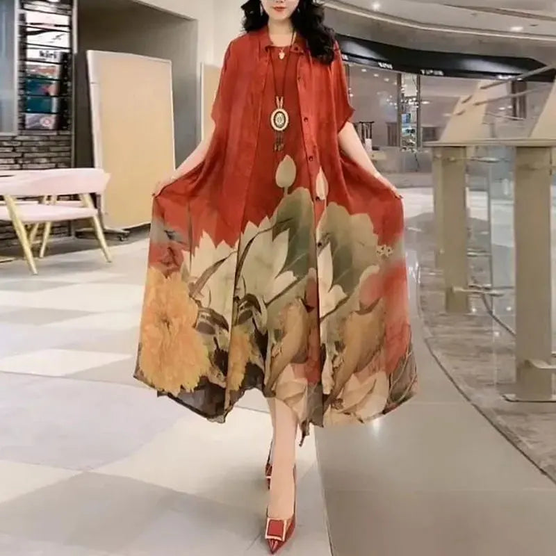 Commute Floral Printed Matching Sets Two Piece Set Casual Round Neck Spring Summer Female Fashion Irregular Hem Long Dress Sets 8282