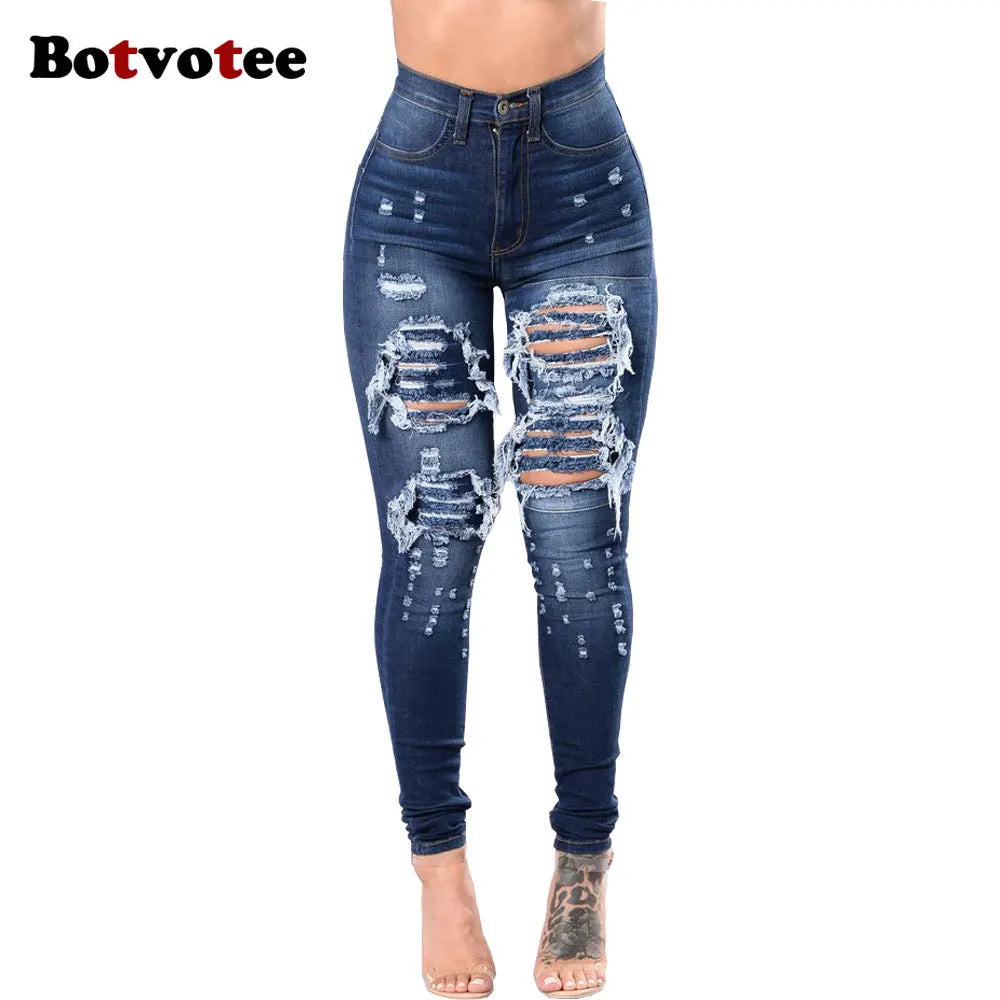 Botvotee Ripped Skinny High Waisted Pencil Jeans for Women Casual Y2K Streetwear Denim Pants Dark Blue Elastic Jeans Woman - Badiee Stylez