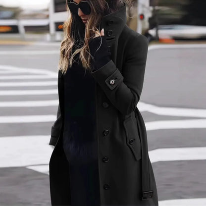 New Solid Color Button Long Wool Coat Autumn Warm Stand Collar Women Coat Fashion Ladies High Neck Pocket Belt Trench Coat