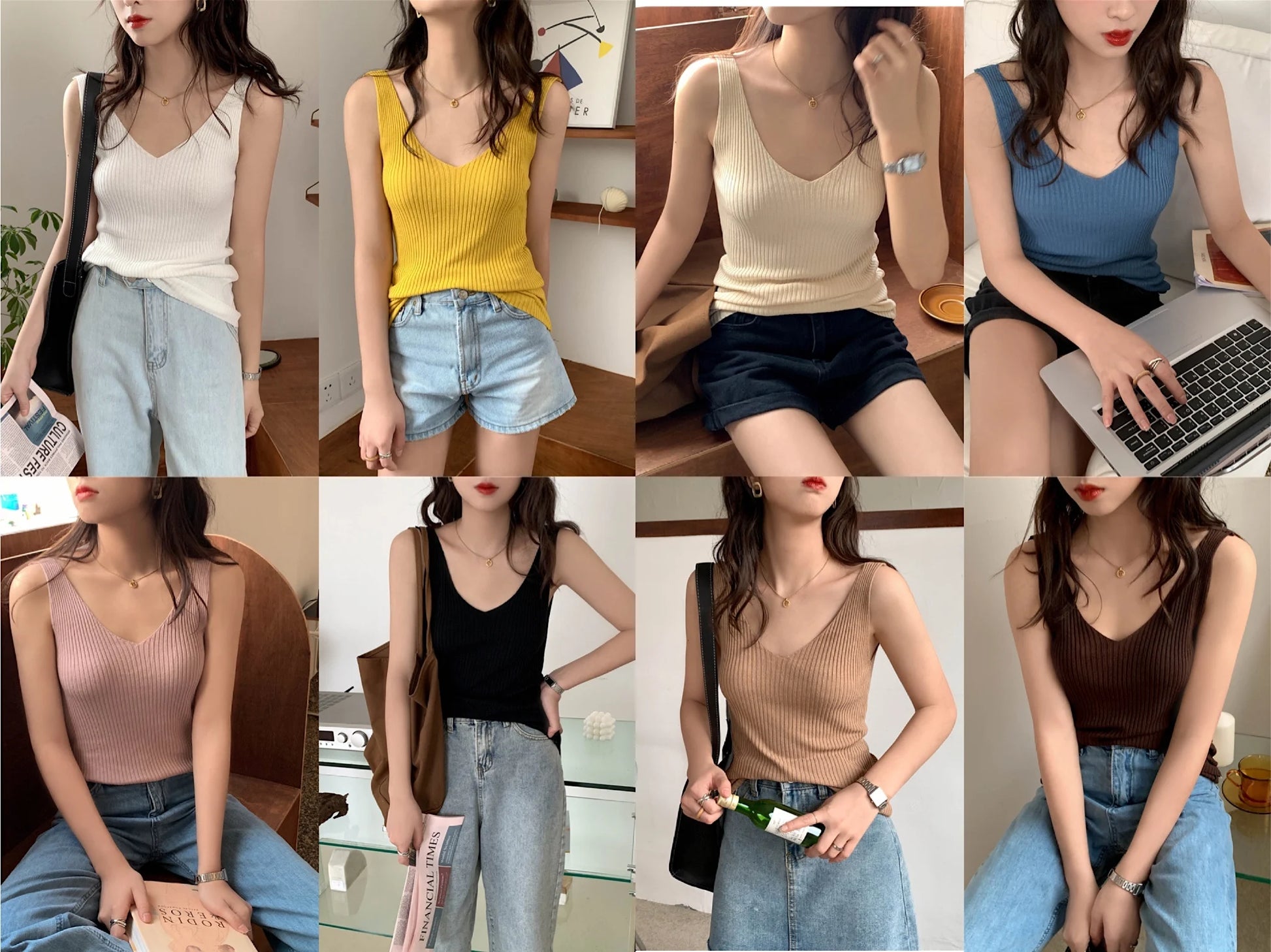 Solid Color Basic Women's Vest Tank Top Solid Color Knitted Tees Top Cropped Top Camisole Sweater V-neck Summer Sleeveless