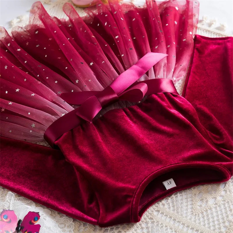 2025 Red Christmas Dress for Baby Girls Winter Long Sleeve Mesh Dresses for 3-8Yrs Kid Star Sequin Birthday Party Princess Dress