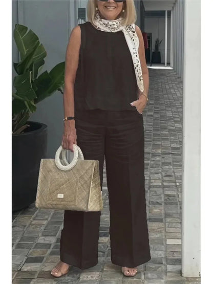 Spring Summer Cotton Linen Solid Color Sleeveless Vest Top Women Pants Suit Casual Pocket Elegant Female Office Retro 2Piece Set black