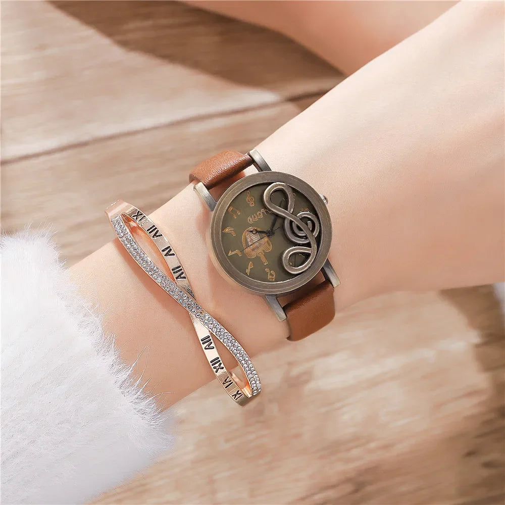 Vintage Women Watches Personalized Music 3D Style Leather Band Ladies Dress Waches Casual Outdoor Wristwatch Relogio Feminino