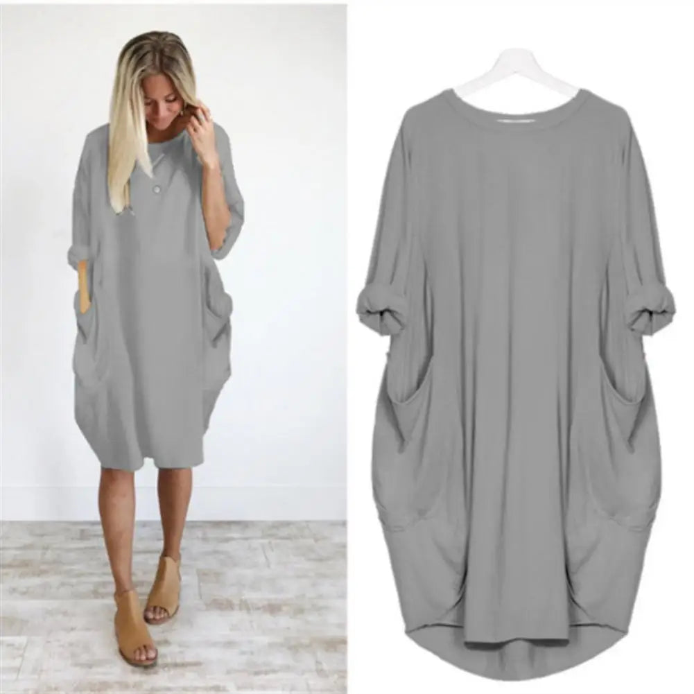 Women Casual Loose Dress with Pocket Fashion Ladies Solid Dress Women's O Neck Long Tops T Shirt Dress Streetwear Plus Size