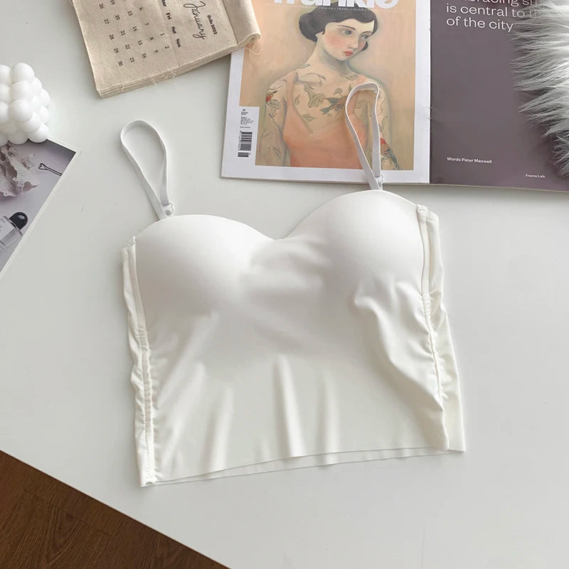 ITOOLIN Fashion Backless Tank Tops Cute Crop Tops For Women Slim Elastic Camisole Ice Silk Women Spaghetti Camis With Bra Pad WHITE One Size