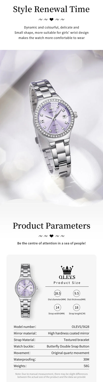 OLEVS 5628 Women Watch Luxury Elegant Quartz Watch Stainless Steel Waterproof Luminous Diamond Bezel Ladies Watch Bracelet Set