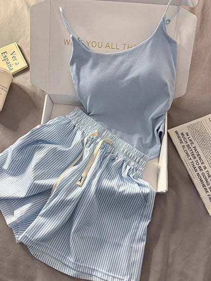 Striped Sleepwear Women Pajama Sets Spaghetti Strap Piiama Shorts Sets 2 Pieces Korean Night Wears Summer Cute Home Suit 2025