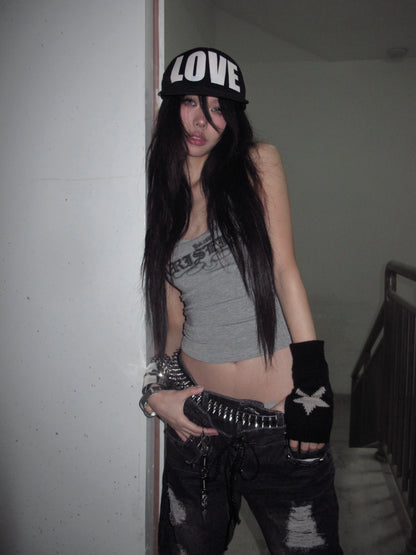 Karrcat Trashy 2000s Letter Print Tank Top Japanese Y2k Gray Camis Tops Grunge Aesthetics Sleeveless Crop Tops American Retro