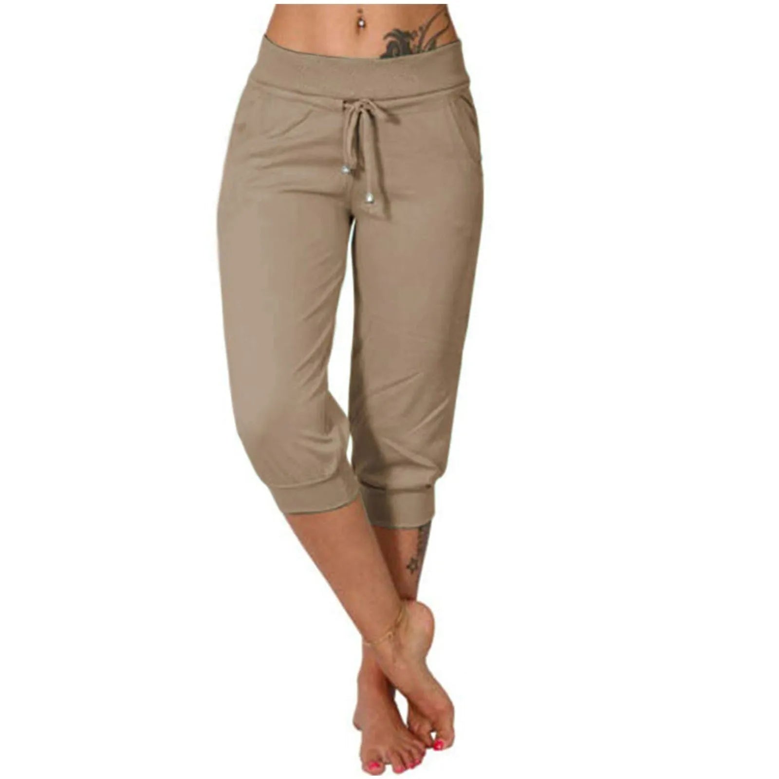 Classic Solid Color Jogging Pants Women Cotton Linen Capris Trousers Bandage Double Pocket Pants Summer Beach Vacation Wear