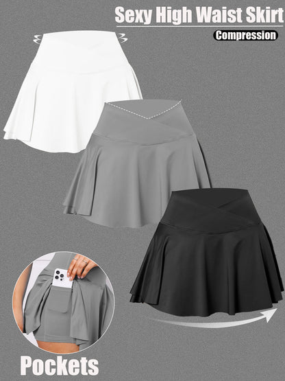 3Pack Dopamine Pockets Tennis Skirts for Women Fitness Skinny Pleated Skirt Outdoors Corset Pockets Shorts High V Waist BlackGreyWhite3PCS