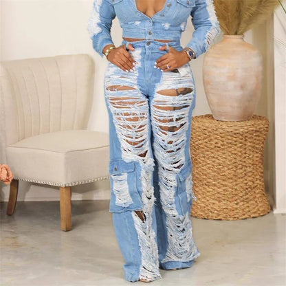 Trend Hollow Out Broken Holes Jeans Women Fashion Leg Patchwork Pocket Denim Pants Female High Waist Trousers Casual Streetwear