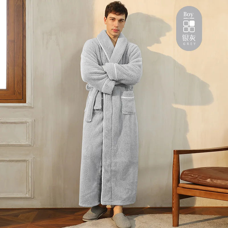 Men's Winter Bathrobe Long Sleeve Warm Turn Down Collar Man Fluffy Bath Robe With Sashes Solid Fleece Dressing Gown For Male Light gray male