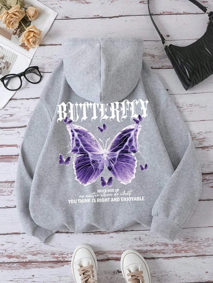 Beautiful Purple Butterfly Printing Hoodies Women Fleece Pocket Hoody Simple Casual Hoodie Autumn Loose Female Streetwear Gray