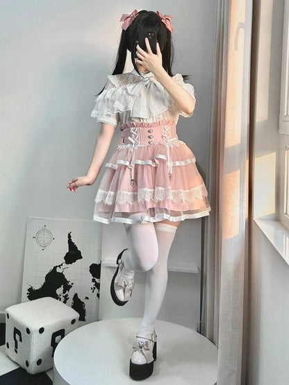 Japanese Kawaii Lolita Lace Patchwork Blouses Summer Women Harajuku Single Breasted Sweet Shirts Summer Girly JK Bow Tops Blusas Badiee Stylez