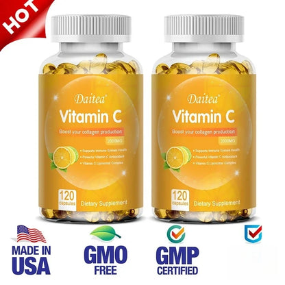 Daitea Vitamin C Capsules 2000 mg Nutritional Supplement - Antioxidants promote skin, hair, nails and immune health 120 count-2 bottle