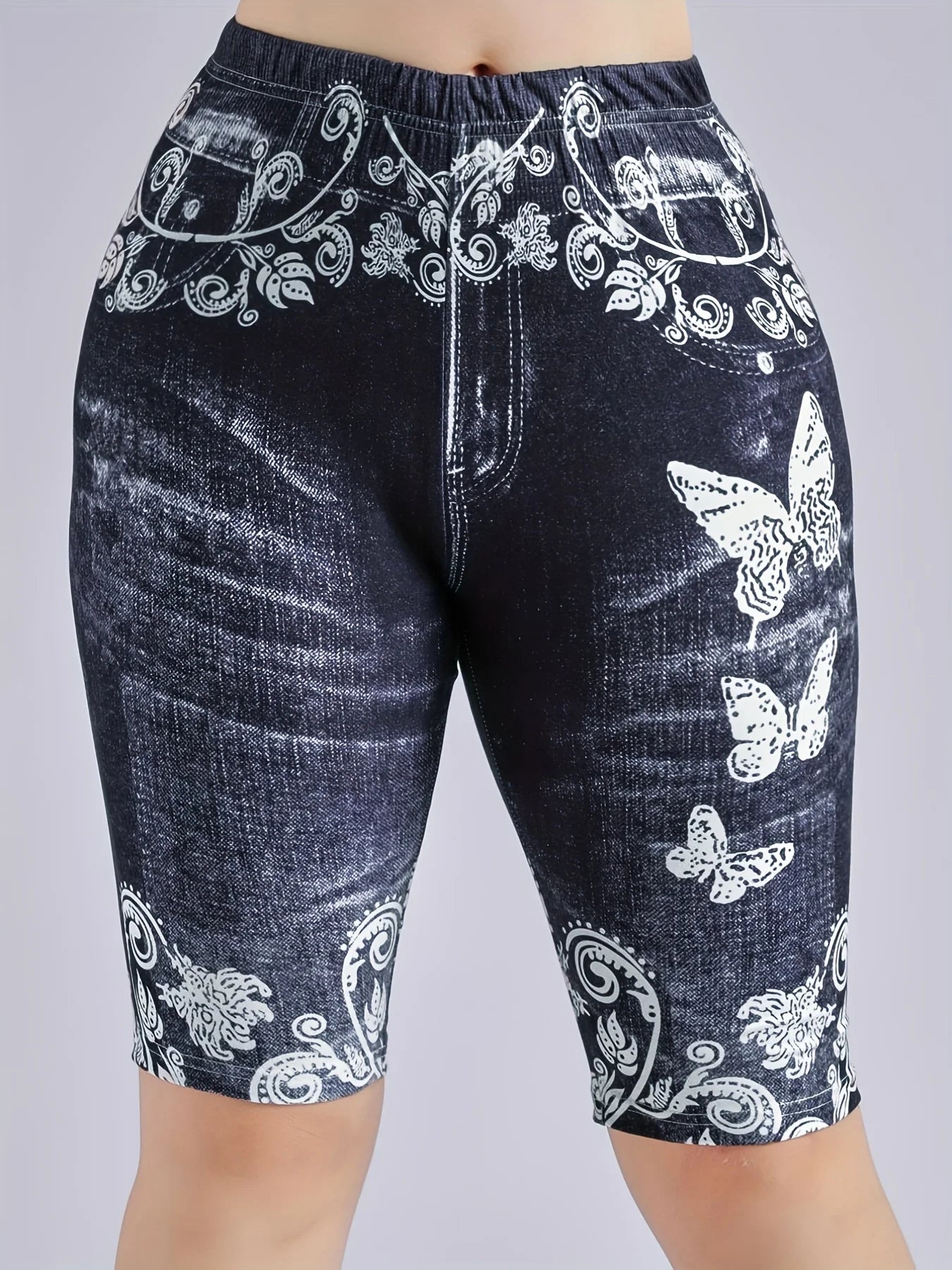 3 Piece Set Of Lmitation Denim Leggings For Women Butterfly Waist Fruit Flower Elastic Shorts High Waist Casual