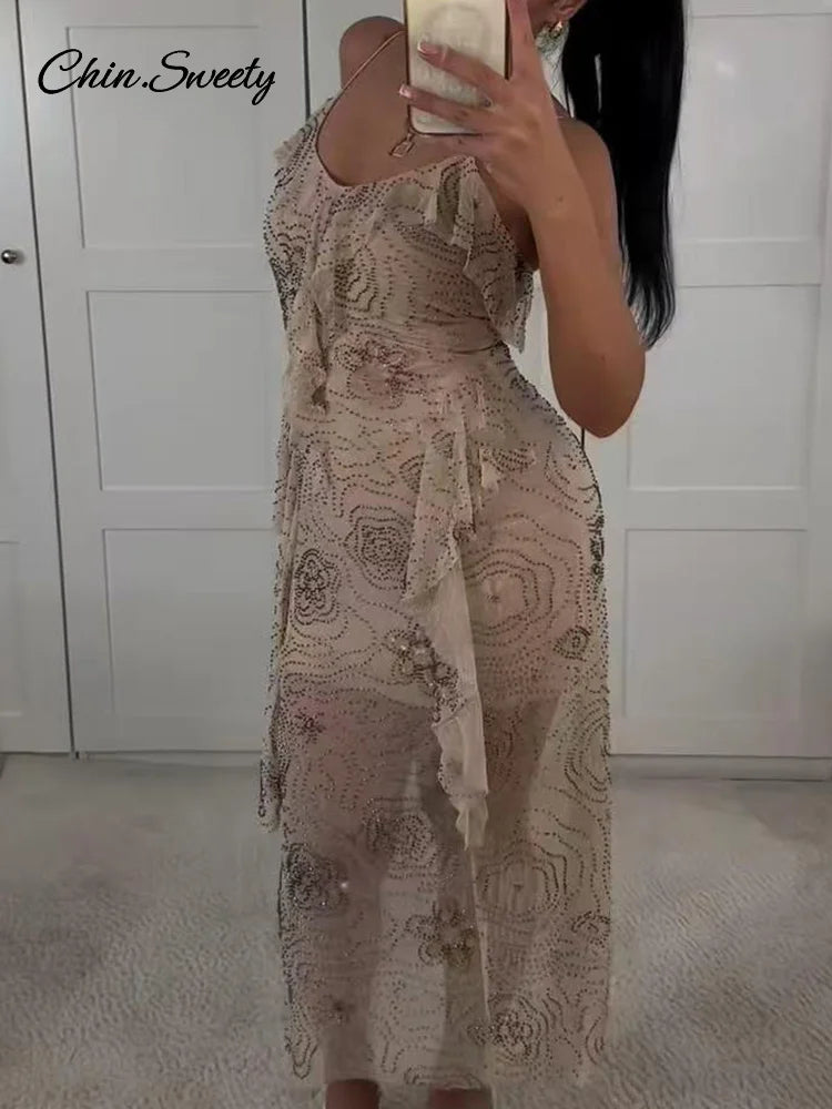 Sexy Beading Ruffle Long Dress Women Embroidery Slip Sleeveless Backless Party Evening Dresses 2025 Summer Lady Shiny Slim Gowns