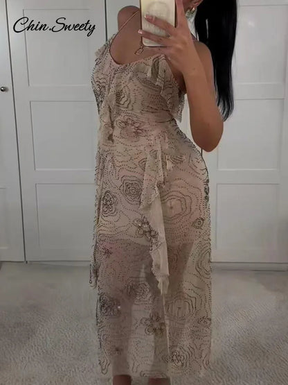 Sexy Beading Ruffle Long Dress Women Embroidery Slip Sleeveless Backless Party Evening Dresses 2025 Summer Lady Shiny Slim Gowns