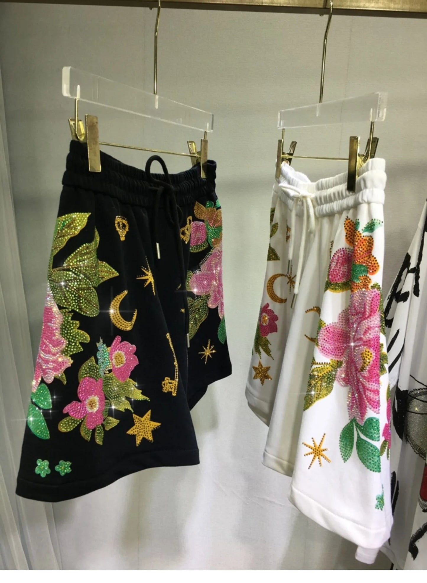 Oversized rhinestone diamond high-waisted black adjustable waist wide leg slacks Women's shorts