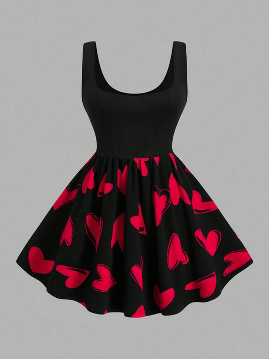 Plus Size Women's Red Heart Patchwork Round Neck Sleeveless Casual Dress for Valentine's Day and Summer Black