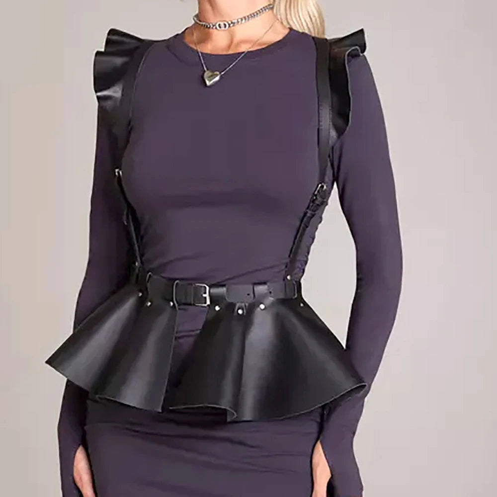 Women's Fashion Leather Body Harness Belt Skirt With Ruffle Hem Gothic Style Waist &Shoulder Belt Clothing Accessory