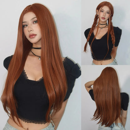 Copper Ginger Brown Long Straight Wig Synthetic Women's Wigs Middle Part Cosplay Daily Use Natural Hair Heat Resistant Fibre WL1014-2