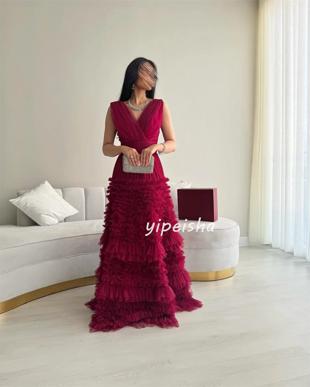 Customized Fashion Classic Tulle Pleat Ruched Tiered A-line V-neck Long Dresses Bespoke Occasion Dresses Matching Exquisite Badiee Stylez