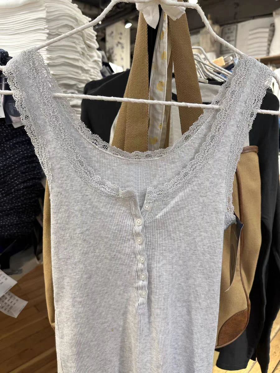 Lace Trim Solid Ribbed Tank Top for Woman Spring Buttons U Collar Sleeveless Slim Camis Simple Cotton Basic Vest Sweet Y2k Tops