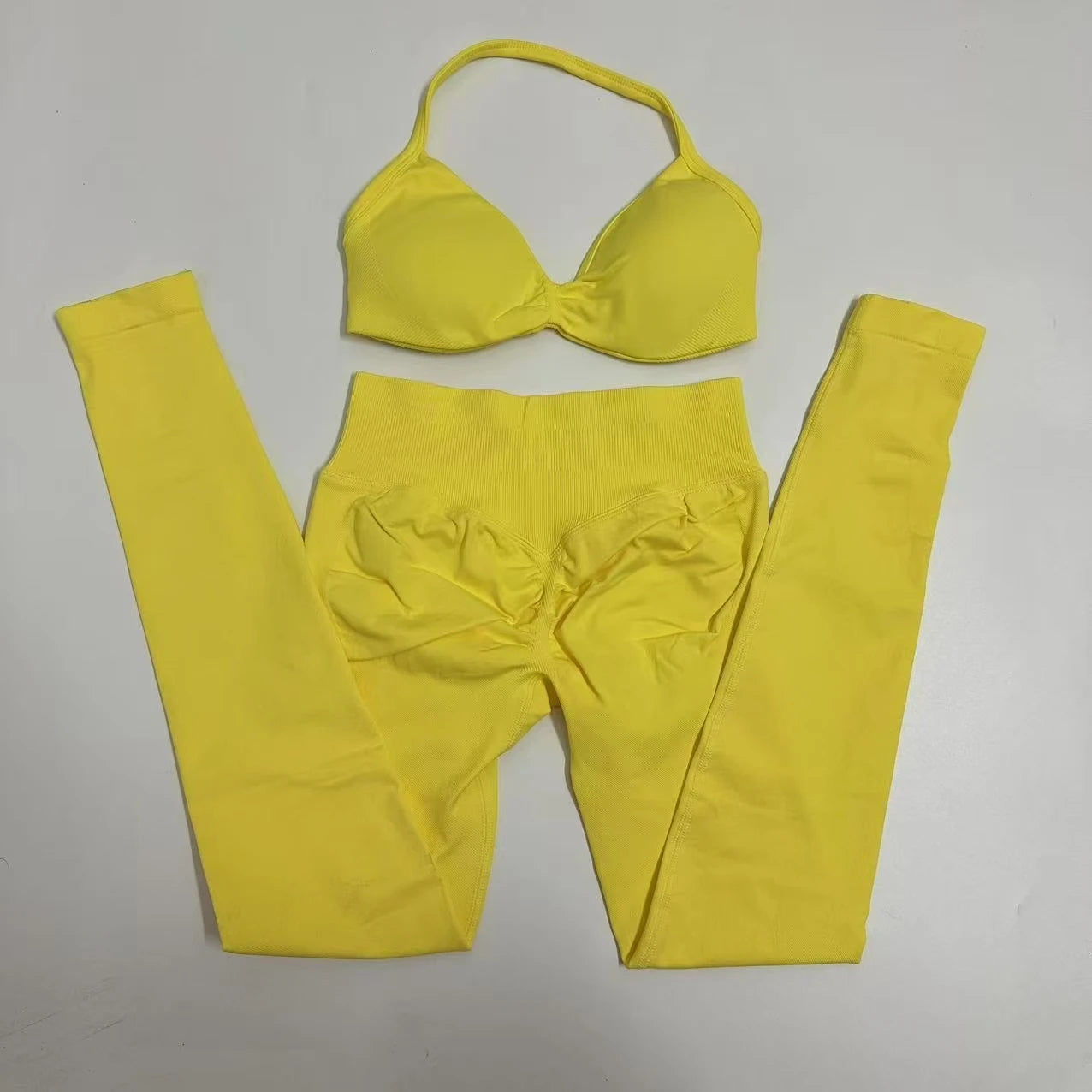 No Logo Seamless Yoga Set Women Workout Scrunch Leggings Set Strappy Halter Sports Bra Fitness Gym Clothing Workout Set 2 Pieces Badiee Stylez