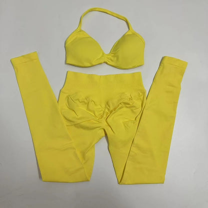 No Logo Seamless Yoga Set Women Workout Scrunch Leggings Set Strappy Halter Sports Bra Fitness Gym Clothing Workout Set 2 Pieces Badiee Stylez