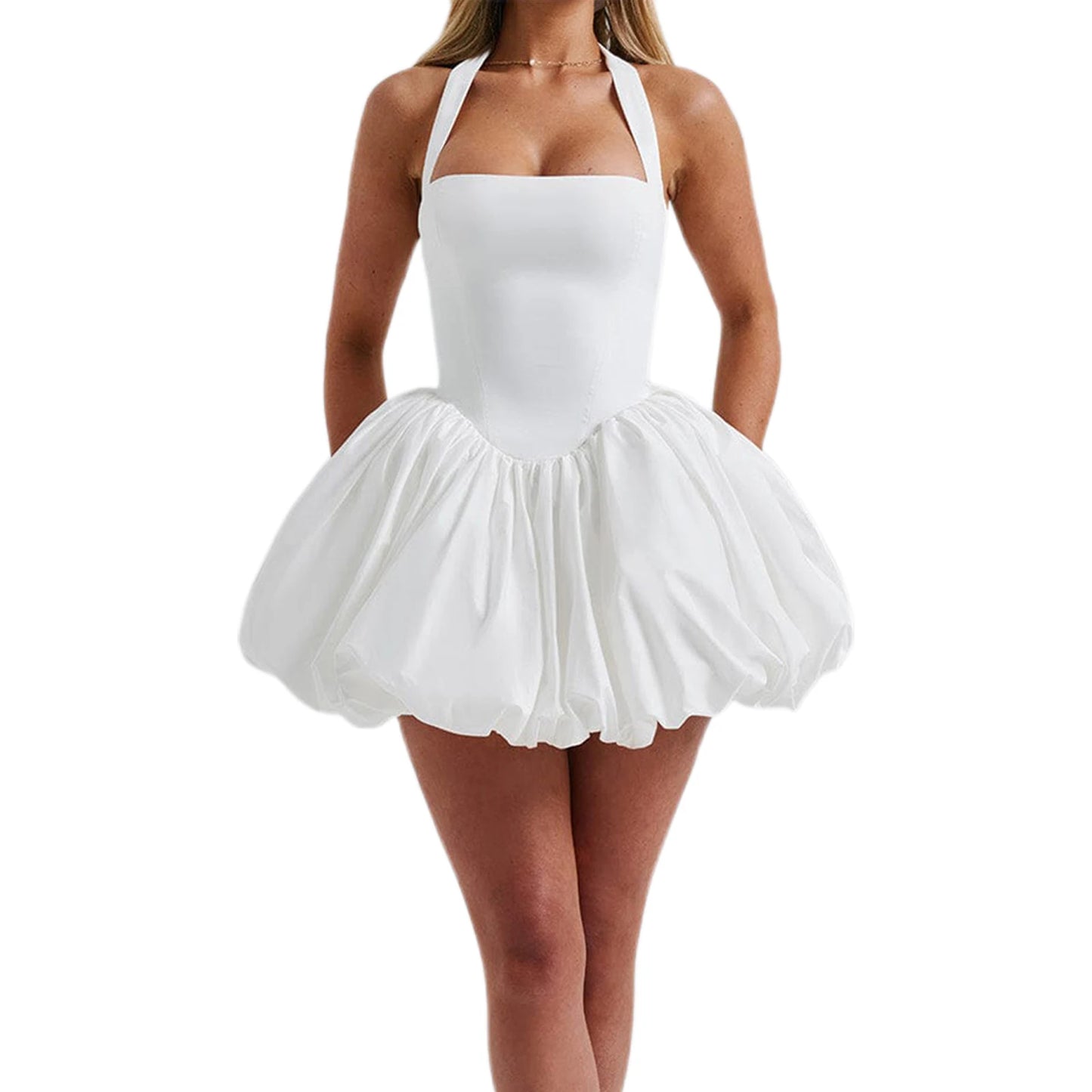 Women Summer Fashion Sexy Mini Tank Dress Sleeveless Halter Neck Solid Tie Up A-line High Waist Party Clubwear Bubble Dress C